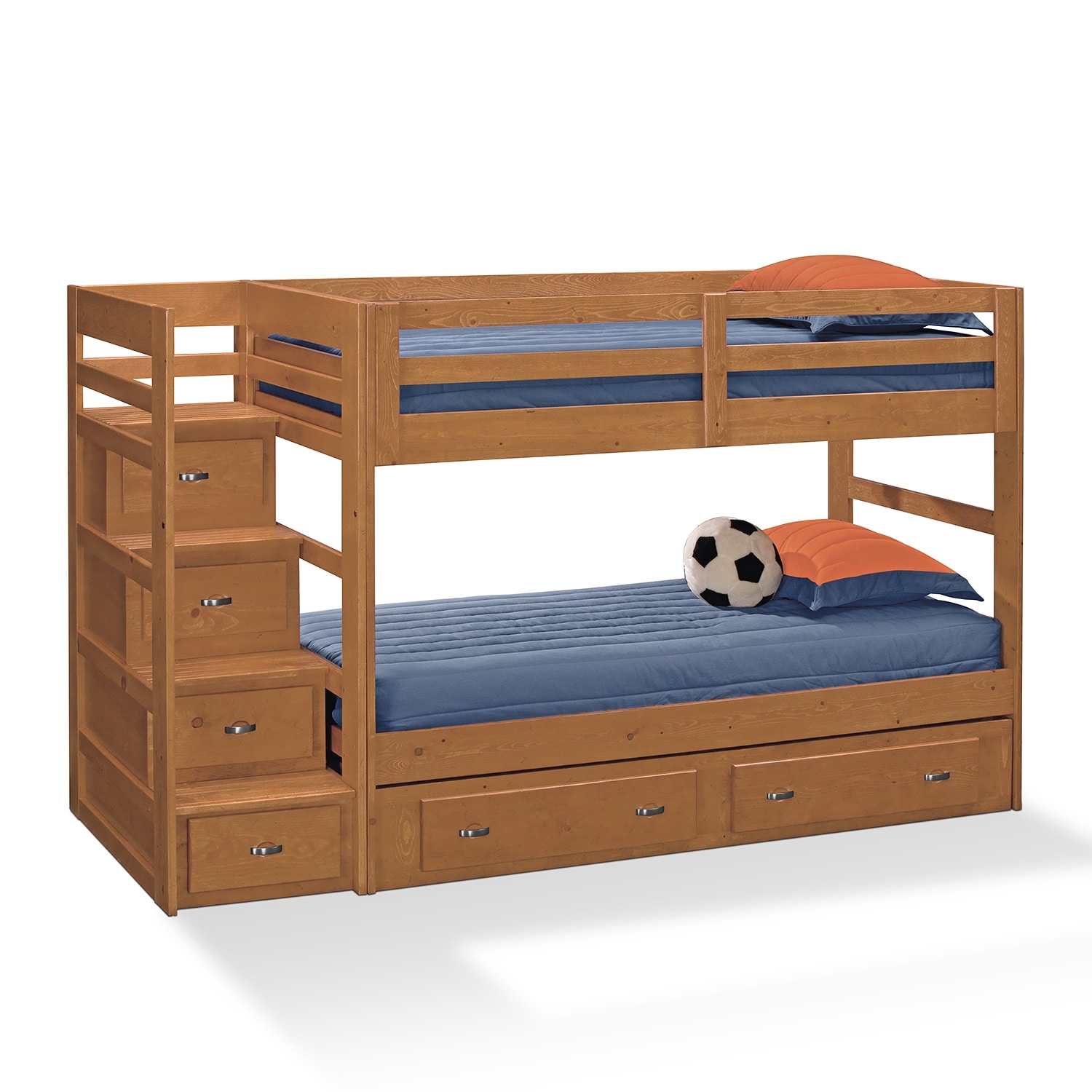 Varsity Pine III Kids Furniture Twin Bunk Bed with Stairs and ...