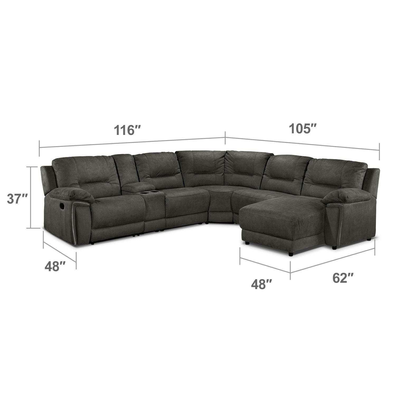 Mobilier de salle de séjour - Pasadena Sectionnel inclinable 6 mcx avec fauteuil allongé à droite - gris foncé