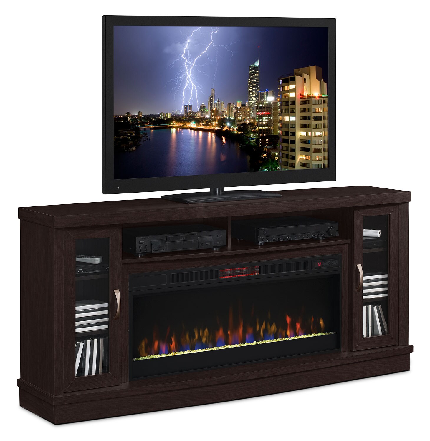 Hutchinson 70” Stand with Glass Ember, Log or Rock Firebox The Brick