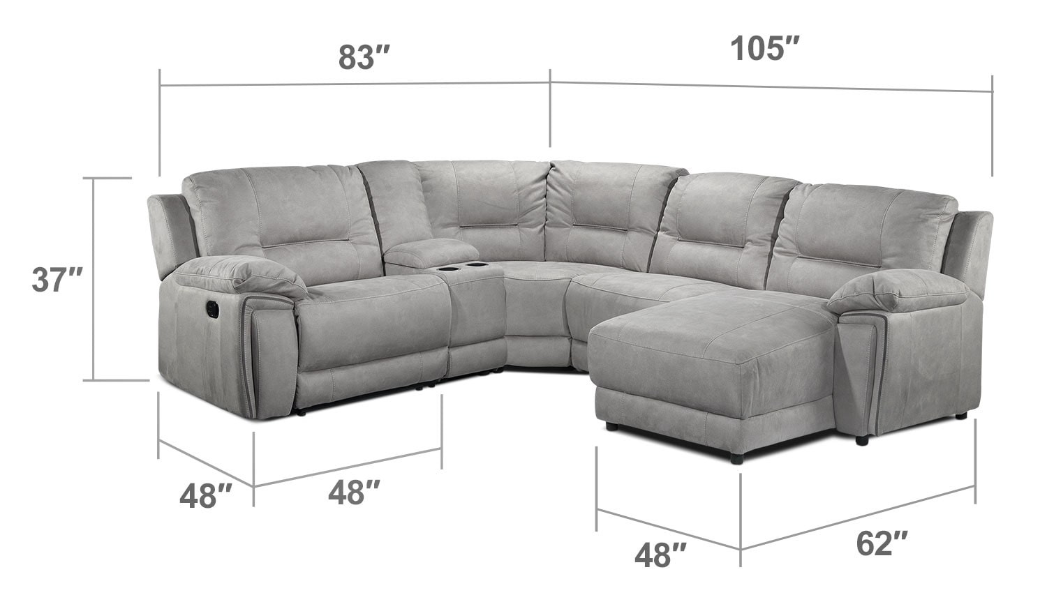 Living Room Furniture - Pasadena 5-Piece Right-Facing Reclining Sectional w/ Console - Light Grey