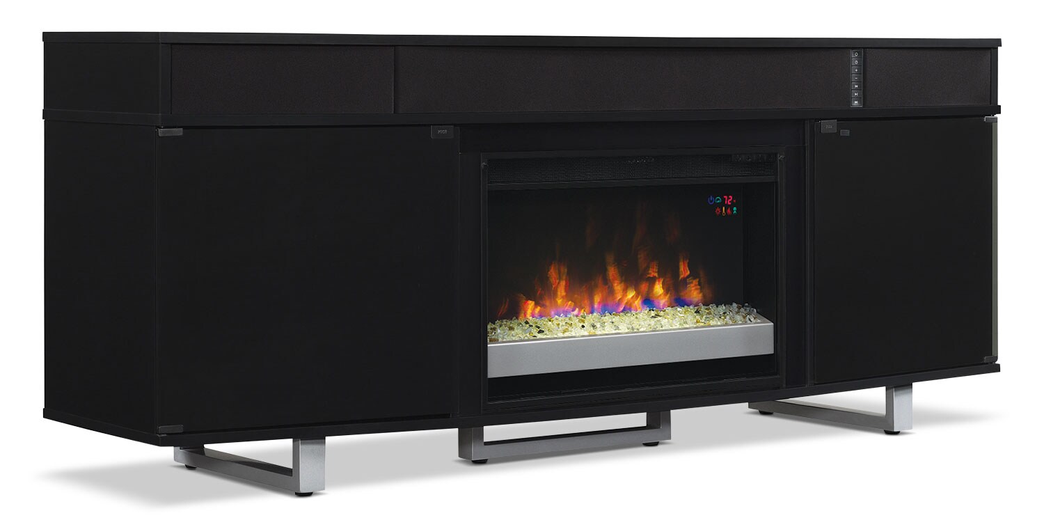 Odesos 72" TV Stand with Glass Ember Firebox and Soundbar Black The