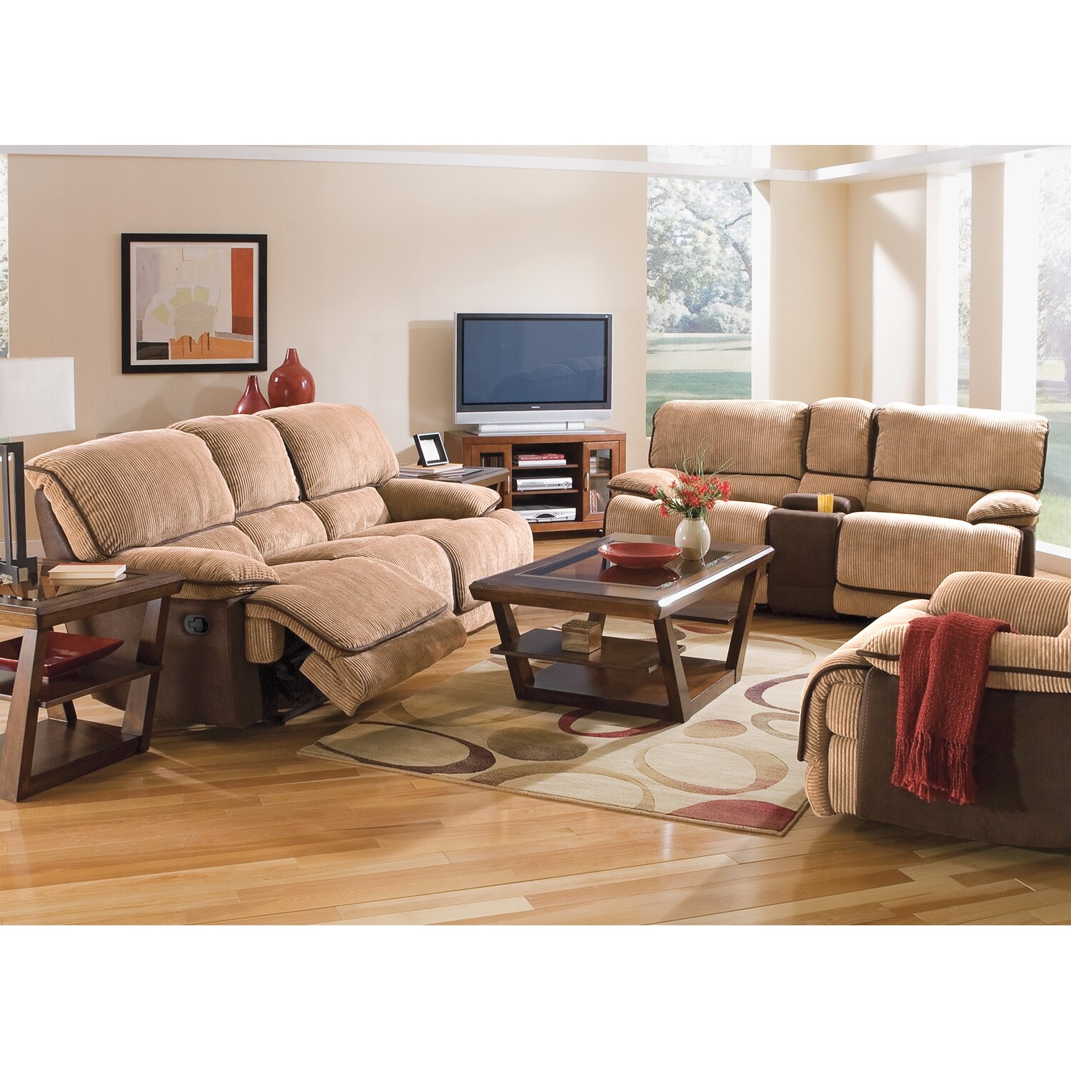 Laguna Reclining Sofa and Gliding Reclining Loveseat Set Camel