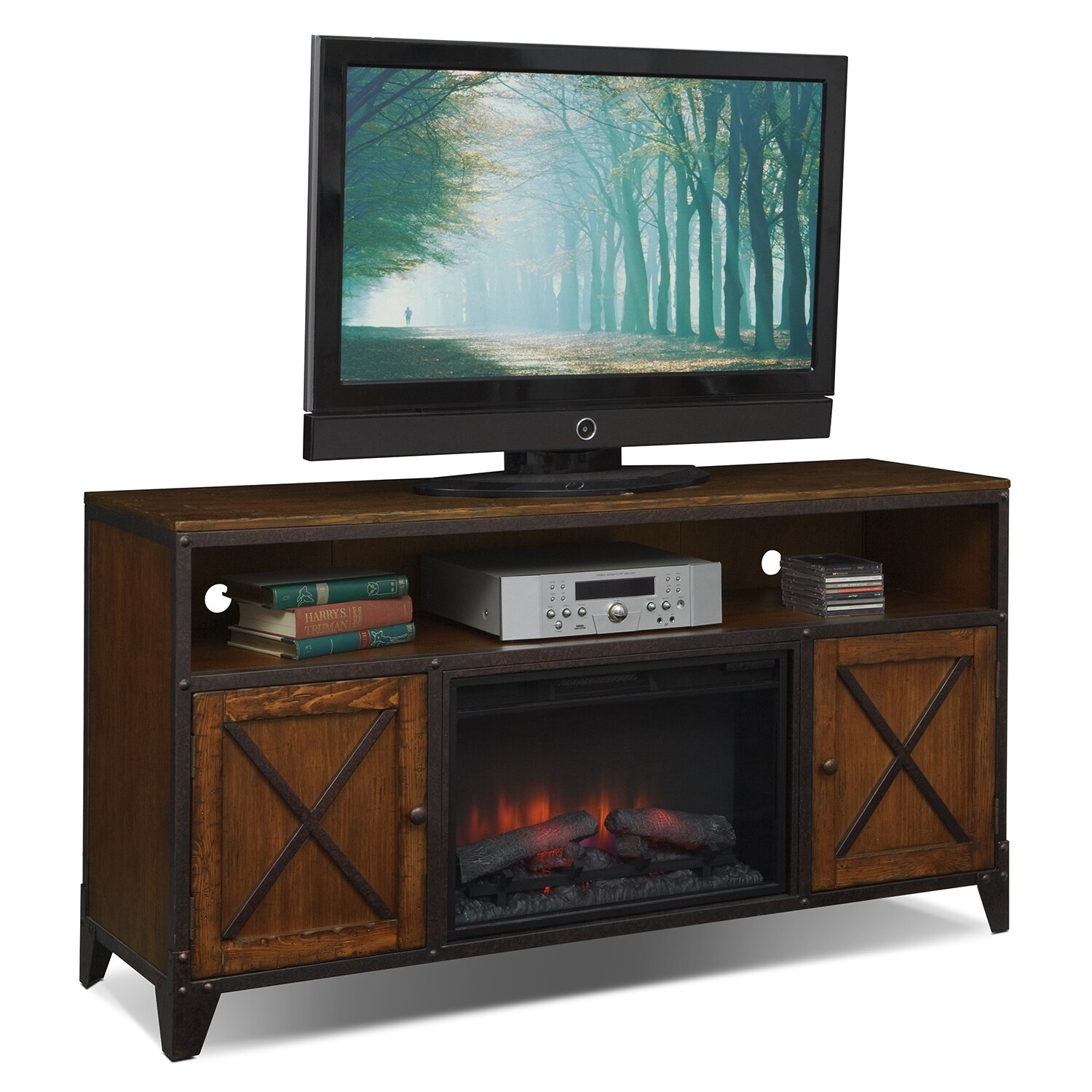 Shortline Fireplace TV Stand with Traditional Insert Distressed Pine