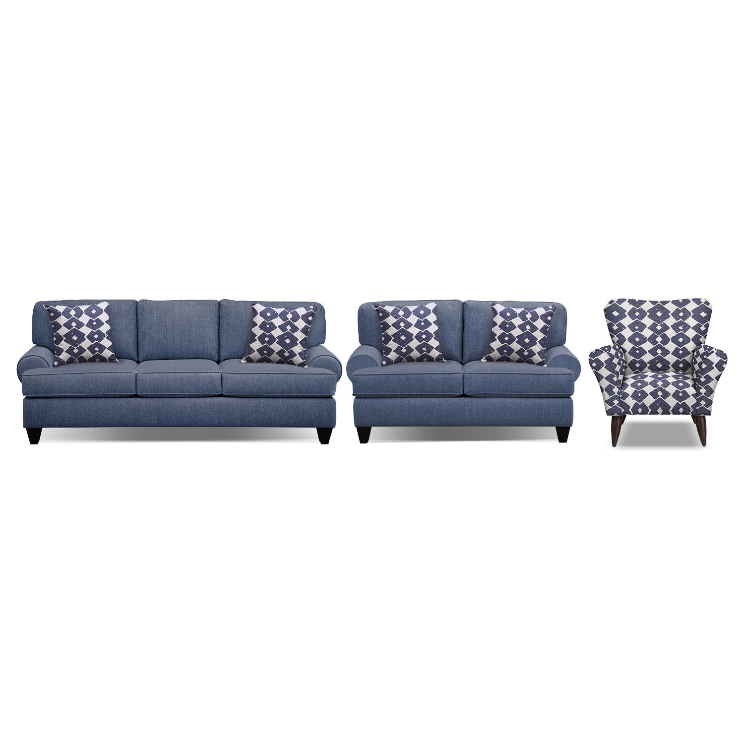 Bailey Blue 91"" Sofa, 67"" Sofa and Accent Chair Set Value City
